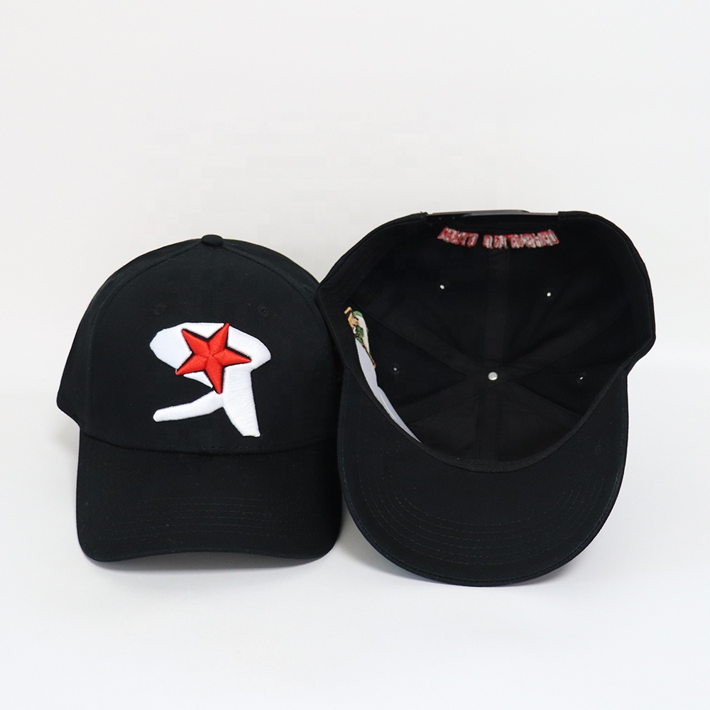 Black Star-Motif Six-Panel Cap with Raised Red and White Embroidery