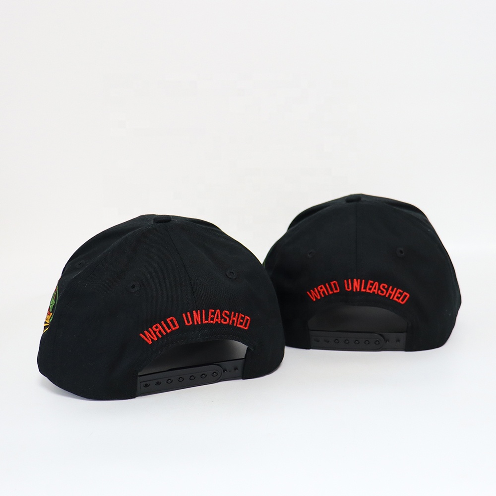 Black Star-Motif Six-Panel Cap with Raised Red and White Embroidery