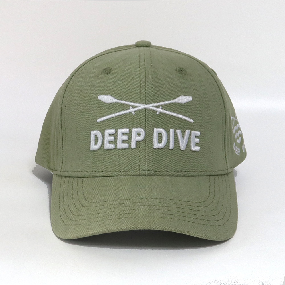 Olive Herringbone 6-Panel Curved Brim Cap with White Embroidery