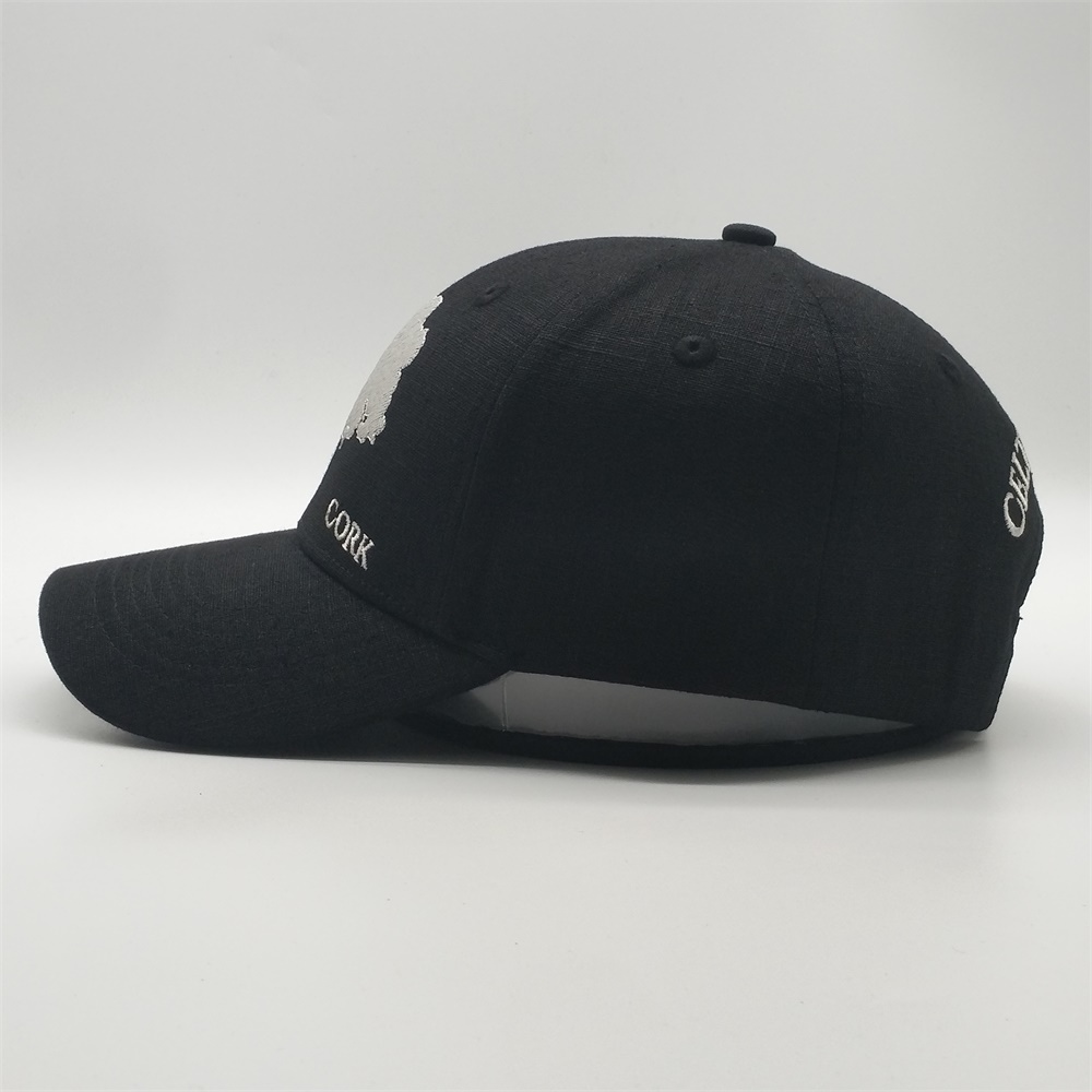 Black 6-Panel Structured Baseball Cap with Silver Cork Map Embroidery