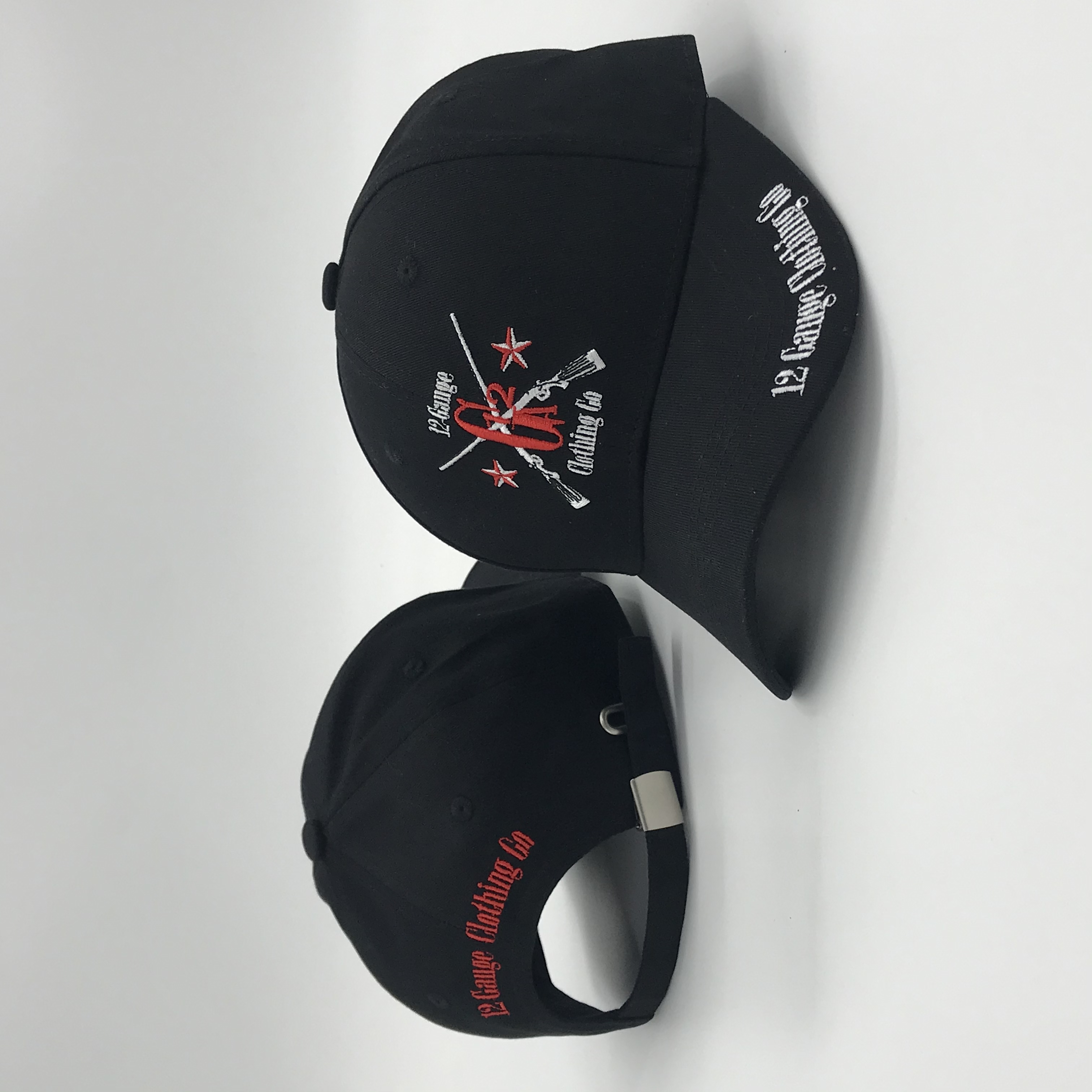 Black Six-Panel Baseball Cap with Red and White Crossed-Rifle Embroidery