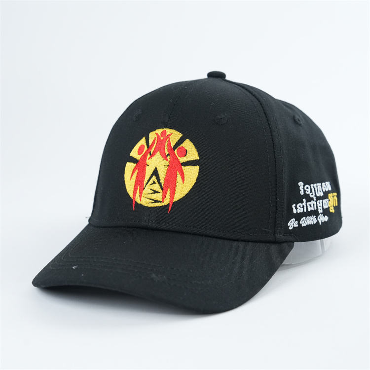 Black Structured Cotton Baseball Cap with Front Graphic Embroidery