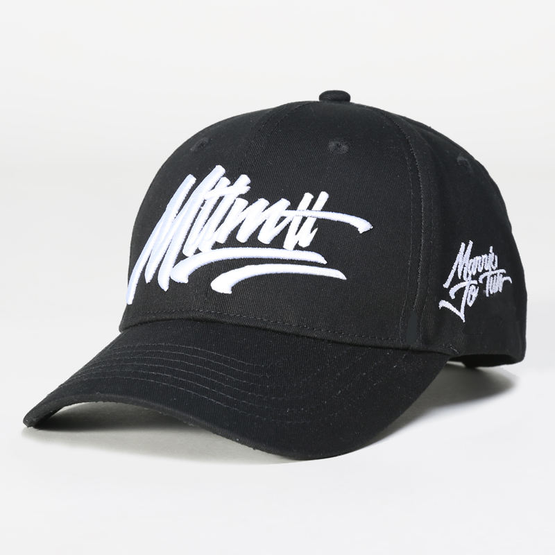 Black Structured Six-Panel Cap with Bold White Script Embroidery