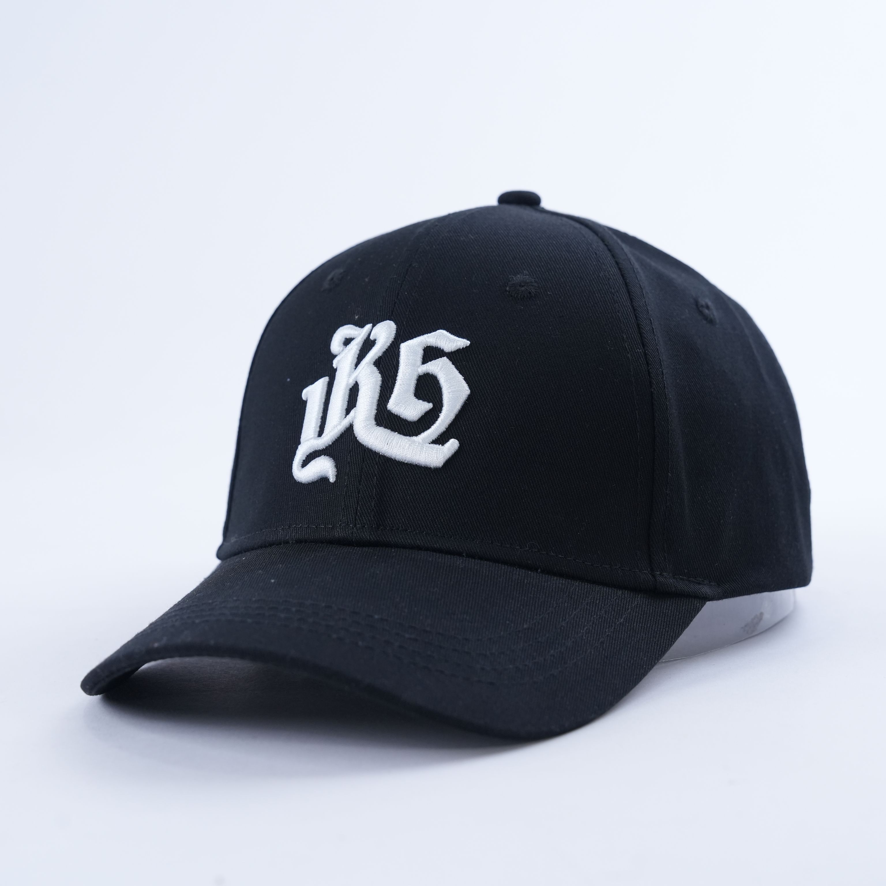 Black Six-Panel Curved Brim Cap with White Gothic Monogram