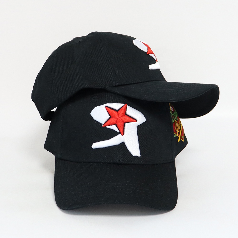 Black Star-Motif Six-Panel Cap with Raised Red and White Embroidery