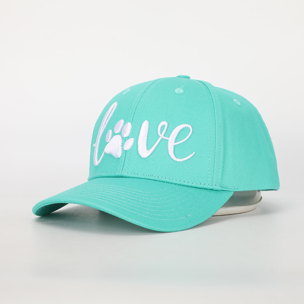 Mint Green 6-Panel Baseball Cap with White Paw Print LOVE Embroidery – Structured Curved Brim Hat