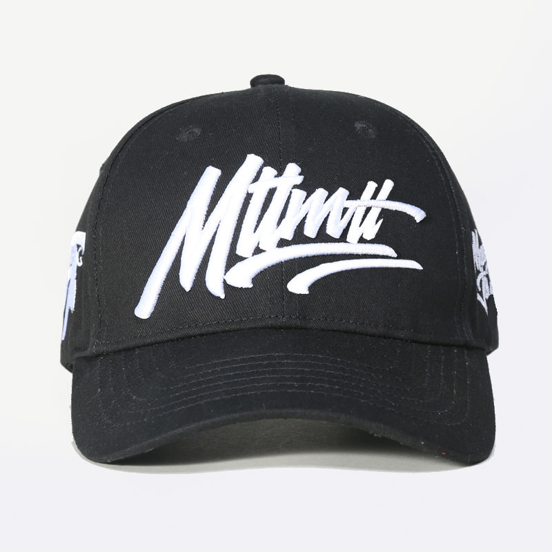 Black Structured Six-Panel Cap with Bold White Script Embroidery