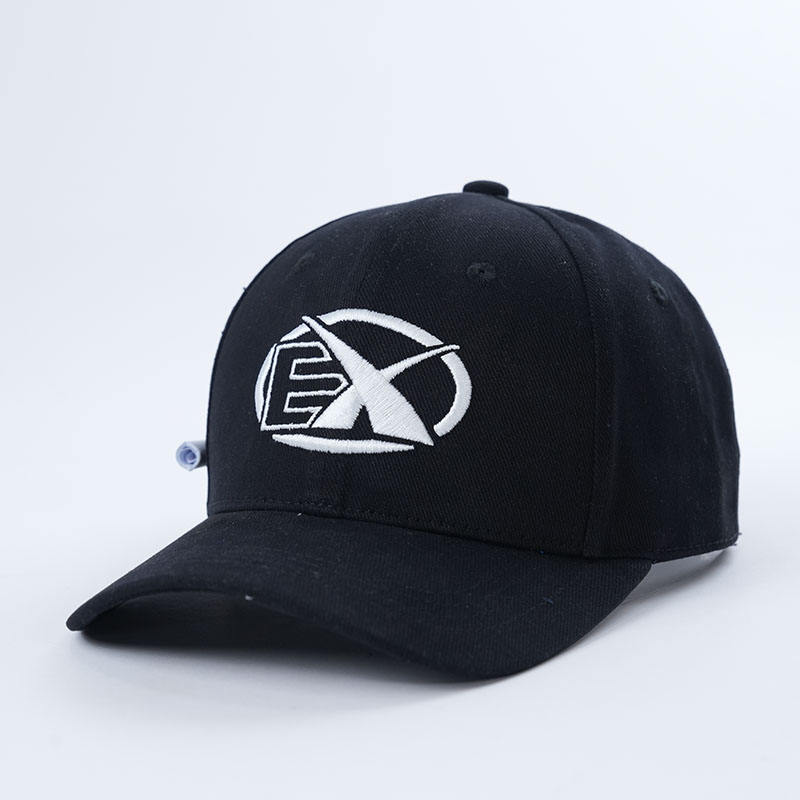 Black Six-Panel Curved Brim Cap with White Geometric Emblem