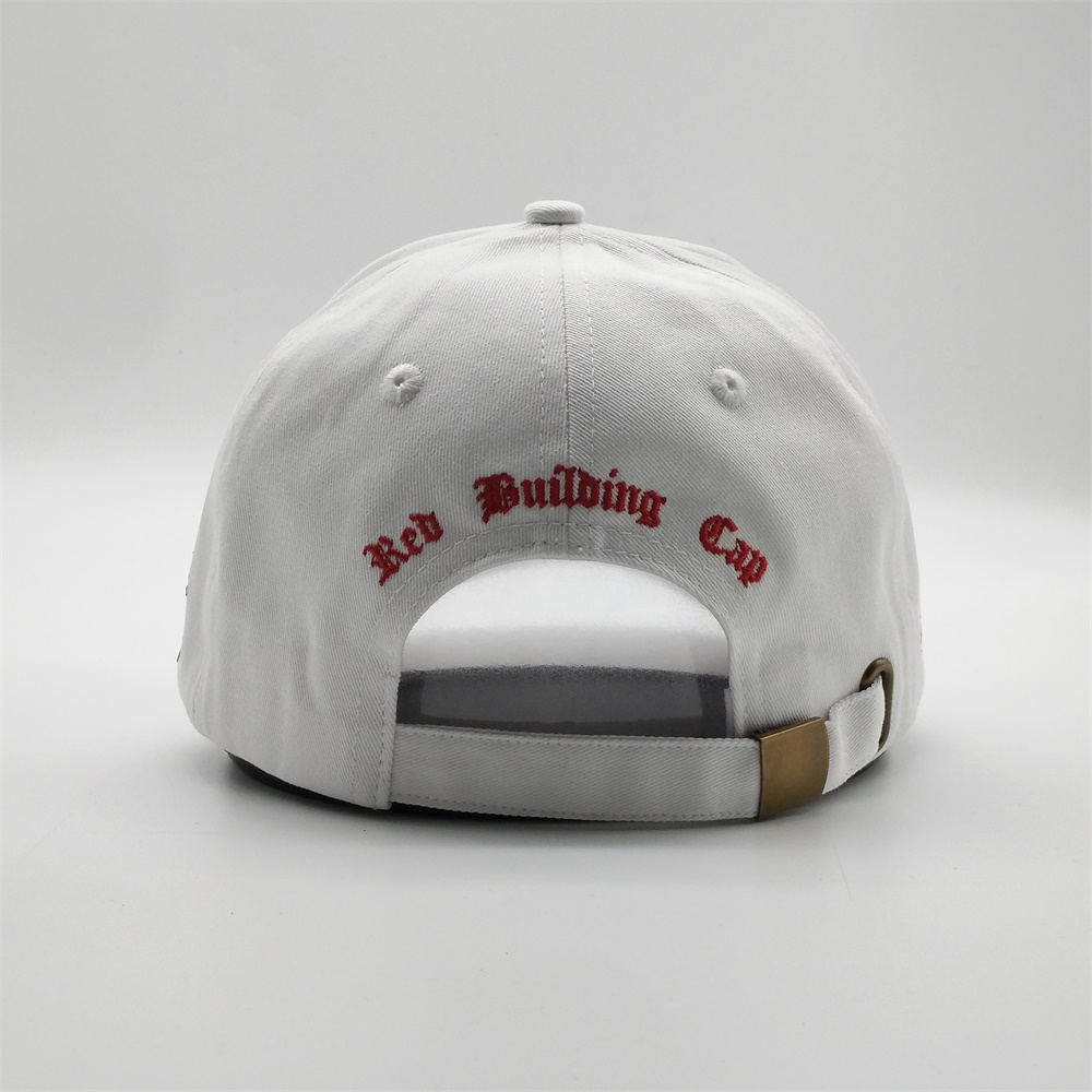 White Structured Six-Panel Cotton Baseball Cap with Raised Red and Black Front Embroidery and Curved Brim