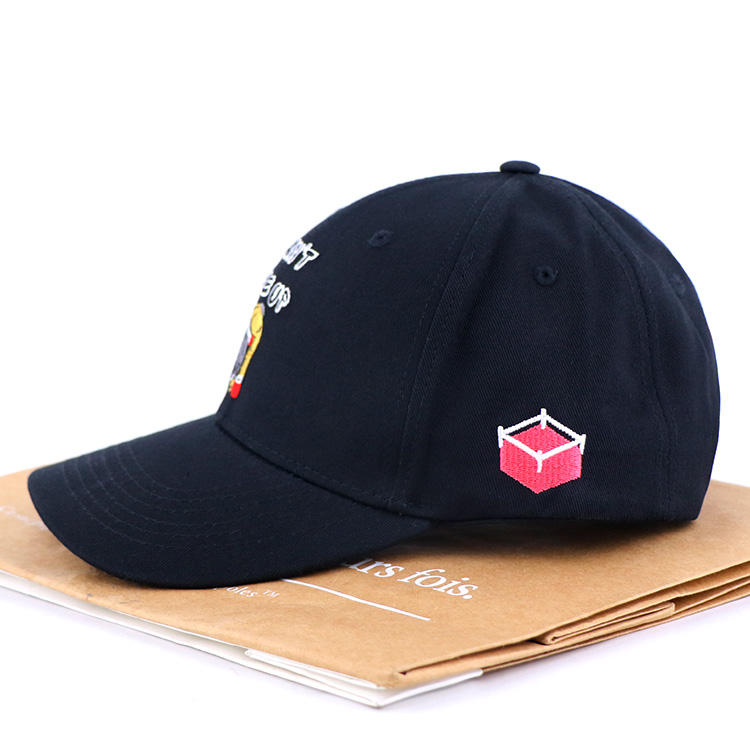 Black Motivational Cartoon Embroidered 6 Panel Baseball Cap