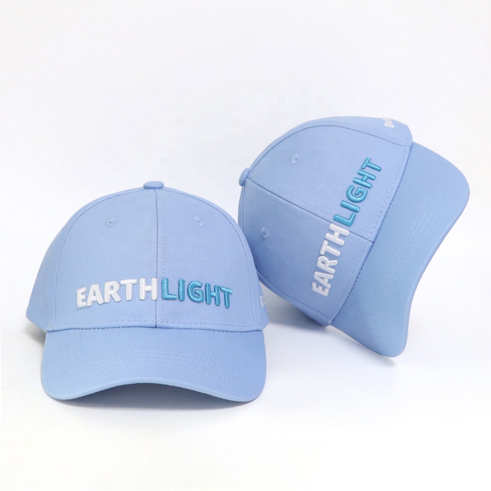 Light Blue Six Panel Cotton Baseball Cap with 3D Embroidered Earthlight Logo