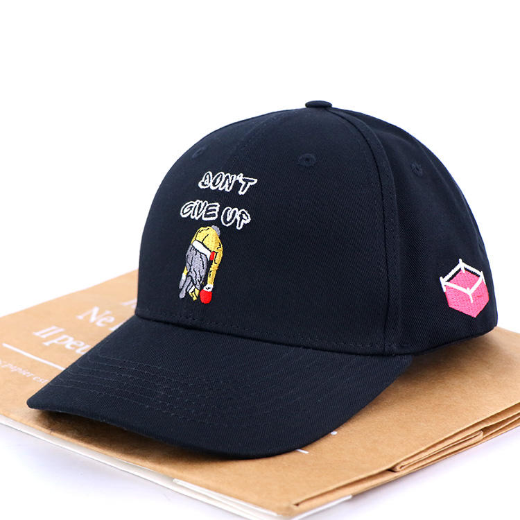 Black Motivational Cartoon Embroidered 6 Panel Baseball Cap