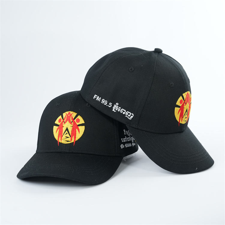 Black Structured Cotton Baseball Cap with Front Graphic Embroidery