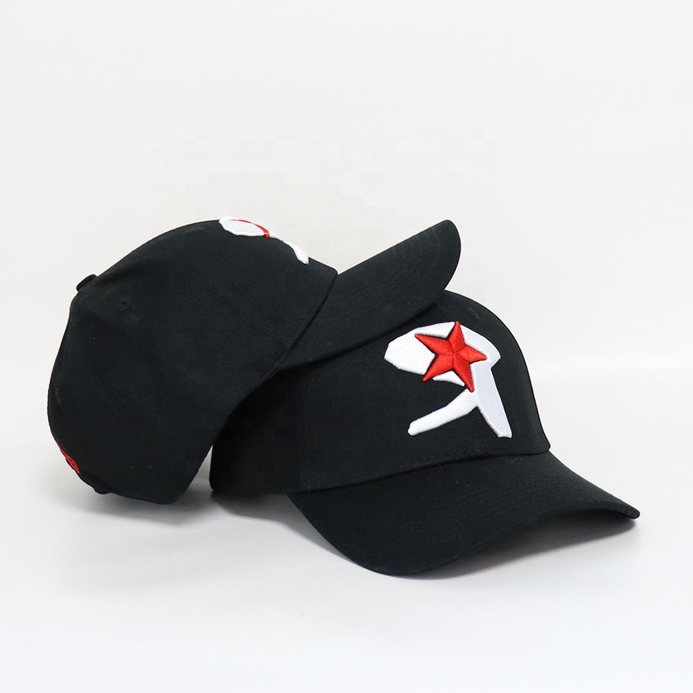Black Star-Motif Six-Panel Cap with Raised Red and White Embroidery