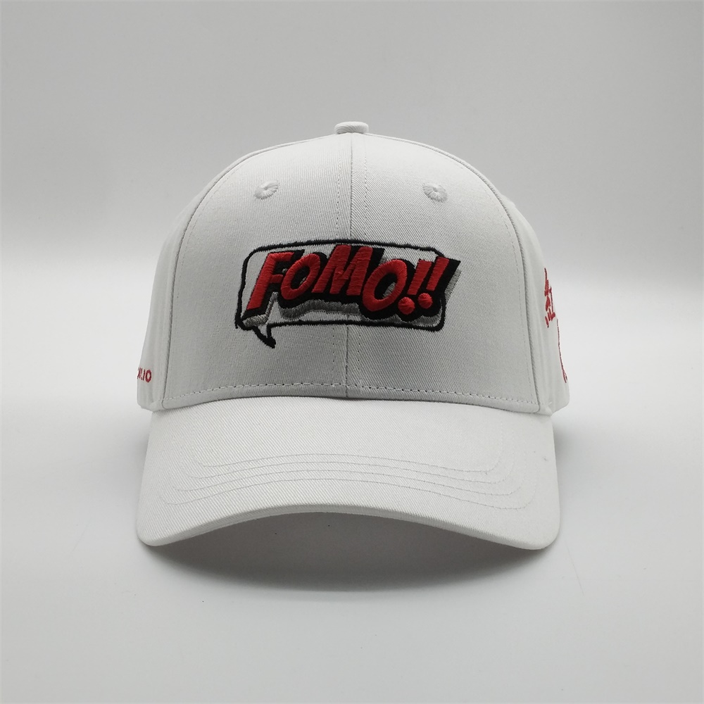 White Structured Six-Panel Cotton Baseball Cap with Raised Red and Black Front Embroidery and Curved Brim