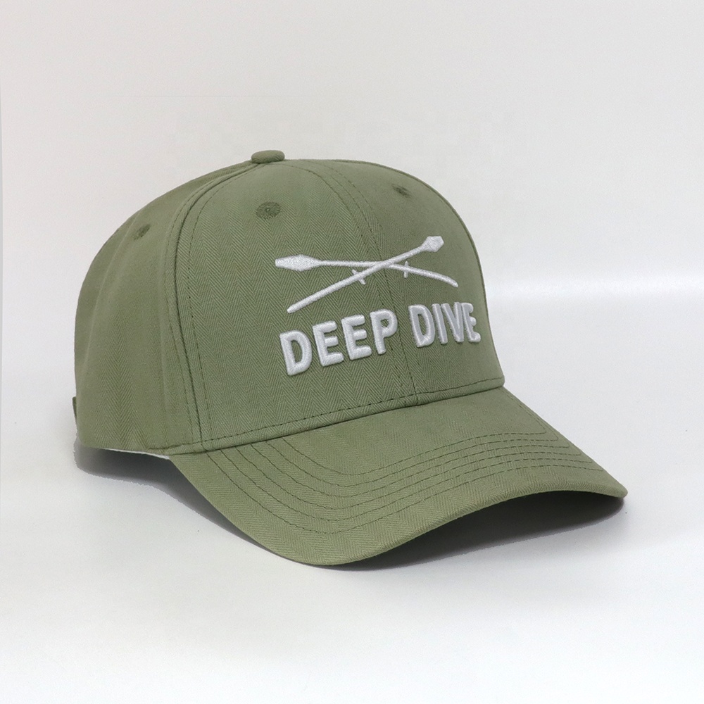 Olive Herringbone 6-Panel Curved Brim Cap with White Embroidery