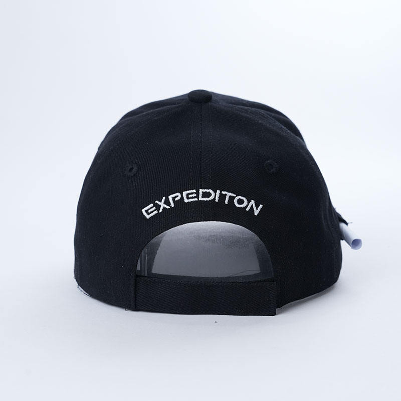 Black Six-Panel Curved Brim Cap with White Geometric Emblem