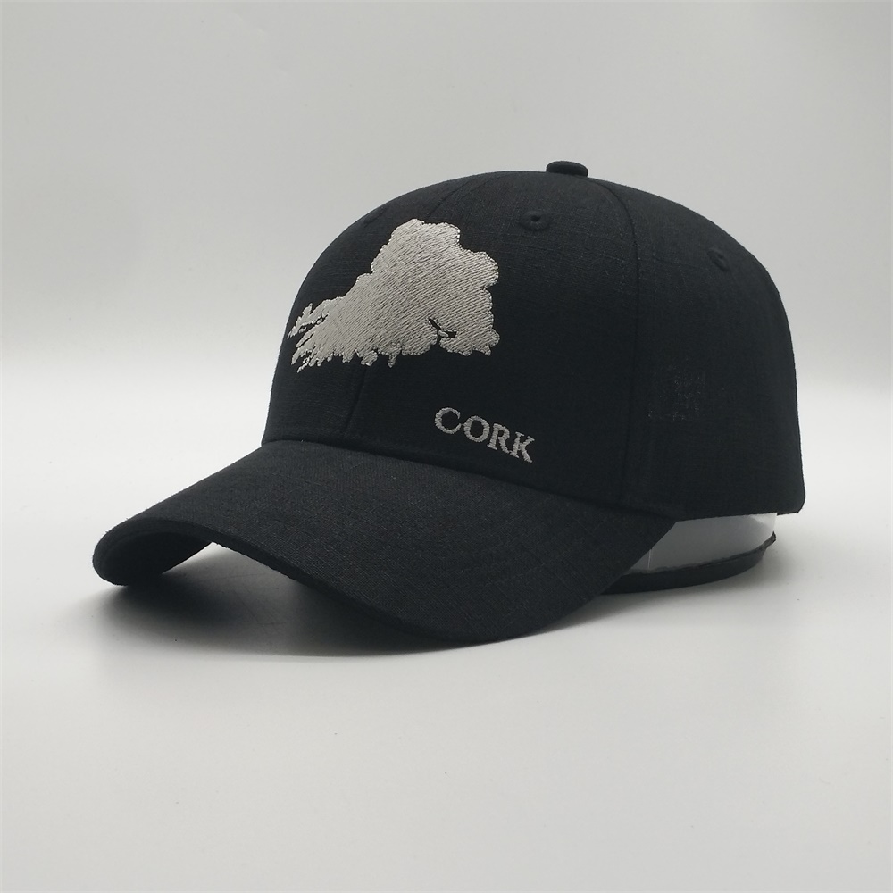 Black 6-Panel Structured Baseball Cap with Silver Cork Map Embroidery