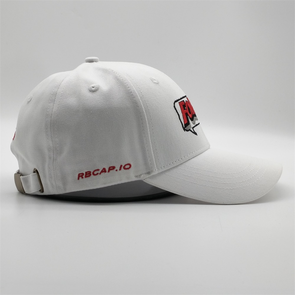 White Structured Six-Panel Cotton Baseball Cap with Raised Red and Black Front Embroidery and Curved Brim