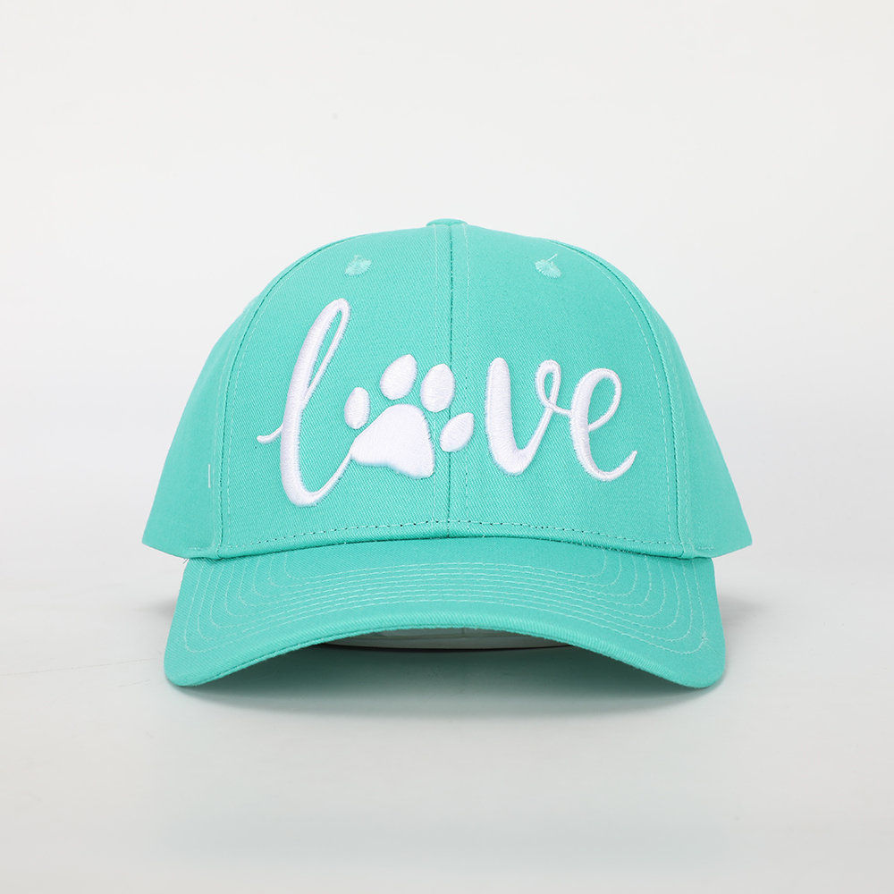 Mint Green 6-Panel Baseball Cap with White Paw Print LOVE Embroidery – Structured Curved Brim Hat