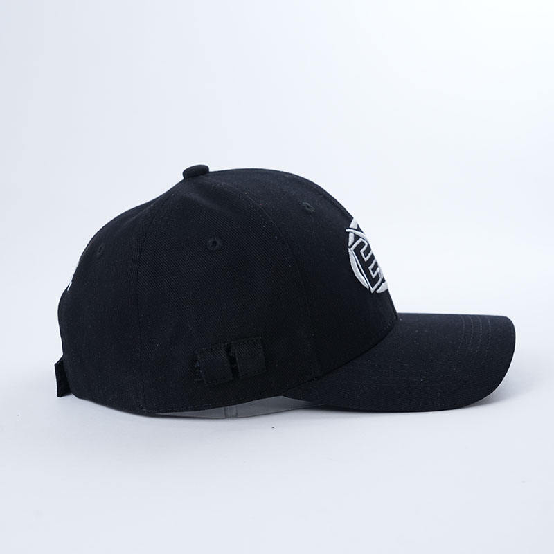 Black Six-Panel Curved Brim Cap with White Geometric Emblem