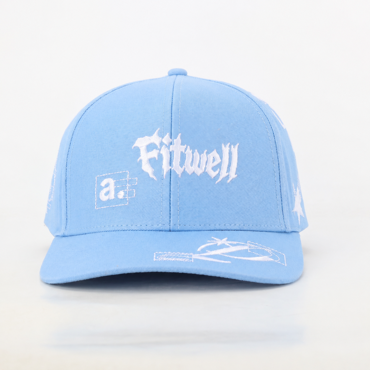 Light Blue Structured 6-Panel Baseball Cap with White Multi-Position Embroidery – Curved Brim Streetwear Hat