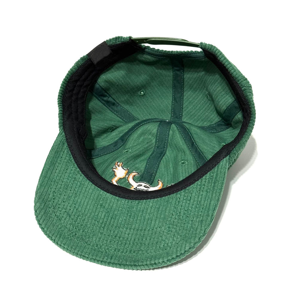 Green Corduroy Snapback Cap with Orange Skull Embroidered Logo
