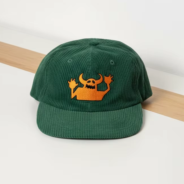 Green Corduroy Snapback Cap with Orange Skull Embroidered Logo