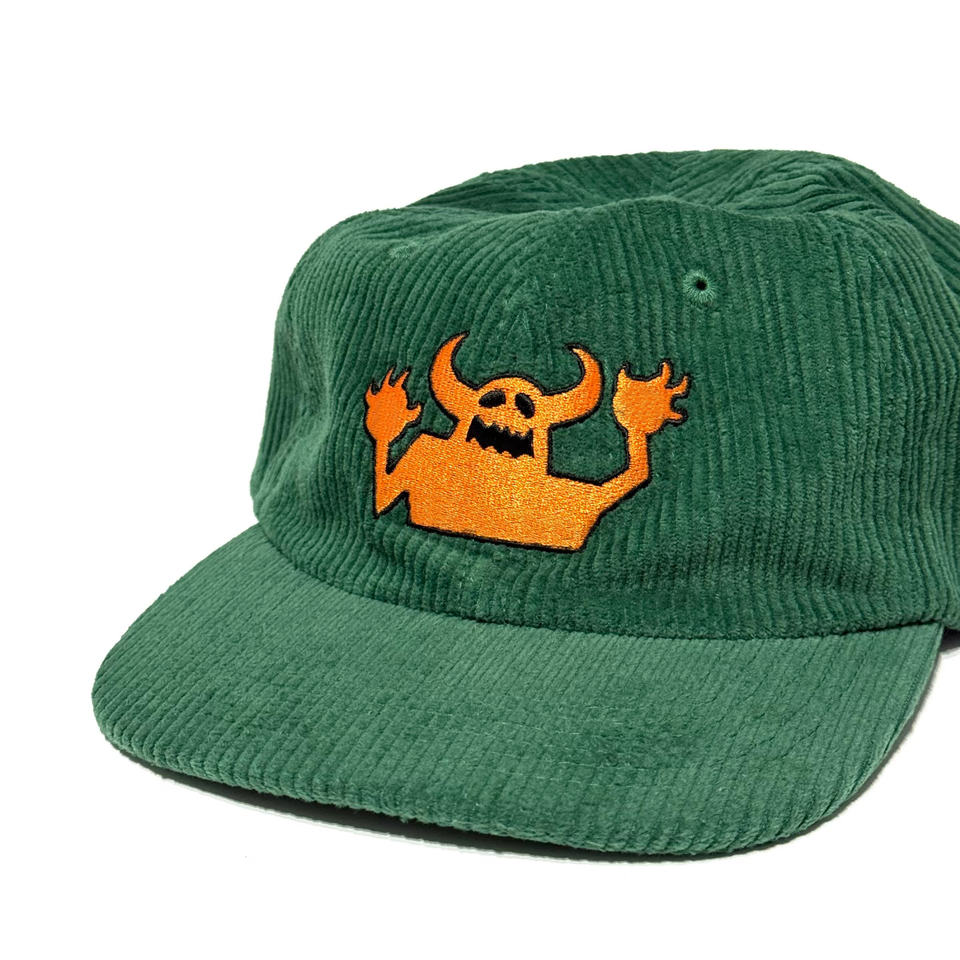 Green Corduroy Snapback Cap with Orange Skull Embroidered Logo