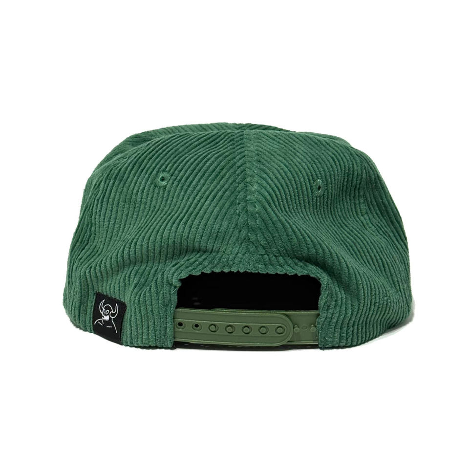 Green Corduroy Snapback Cap with Orange Skull Embroidered Logo