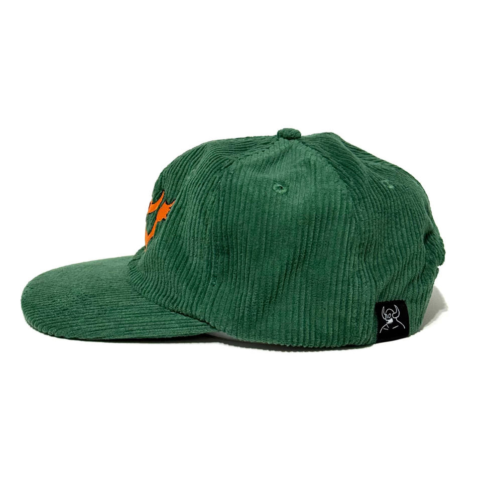 Green Corduroy Snapback Cap with Orange Skull Embroidered Logo