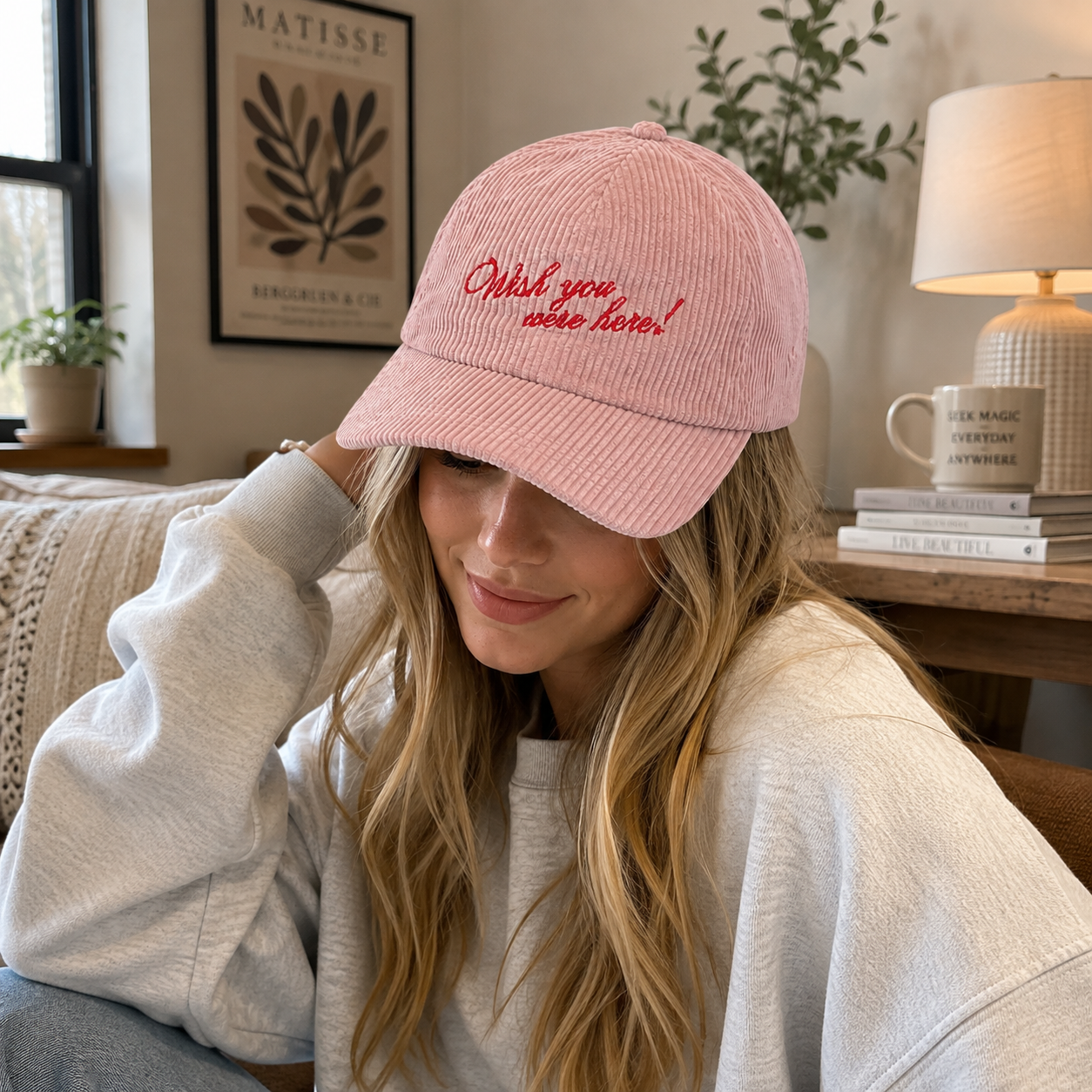 Pink Corduroy Five Panel Cap with Red Wish You Were Here Embroidery
