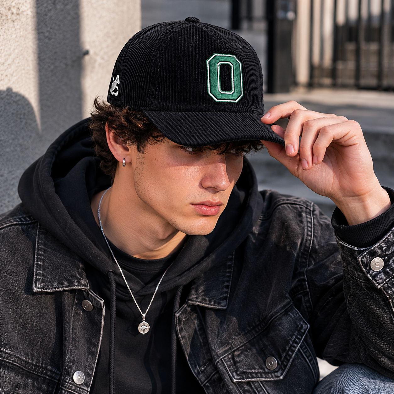 Black Corduroy Flat Brim Snapback Cap with Embroidered Front Logo
