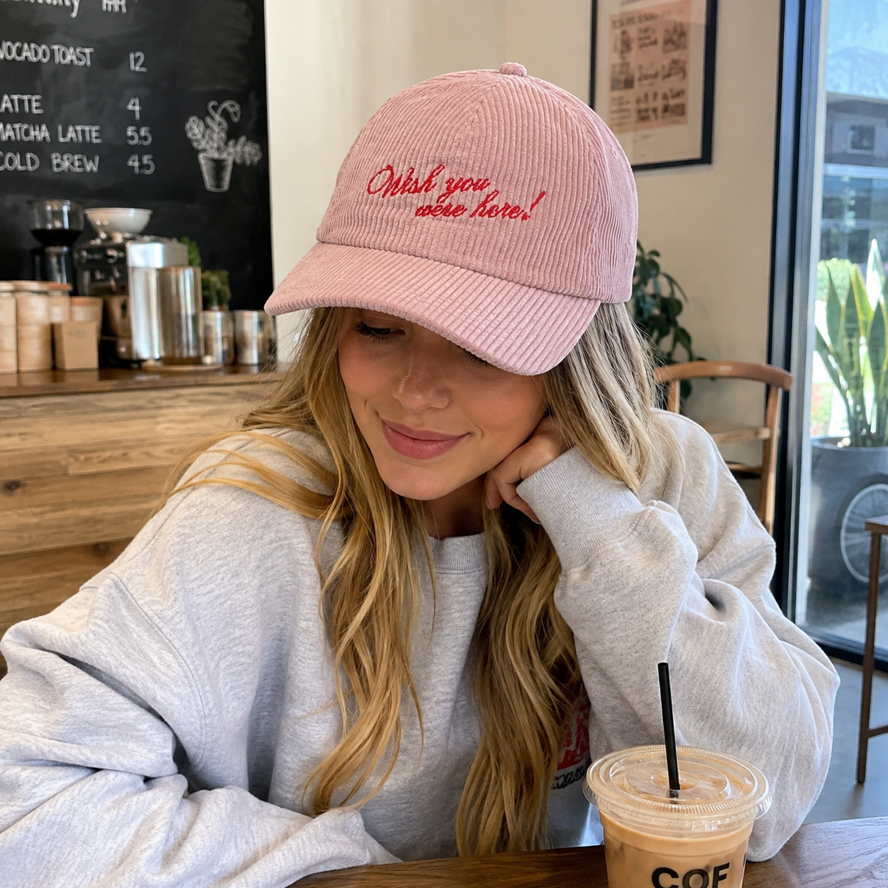 Pink Corduroy Five Panel Cap with Red Wish You Were Here Embroidery