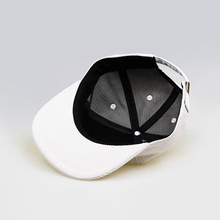 White Corduroy Snapback Cap with Floral Embroidered Logo