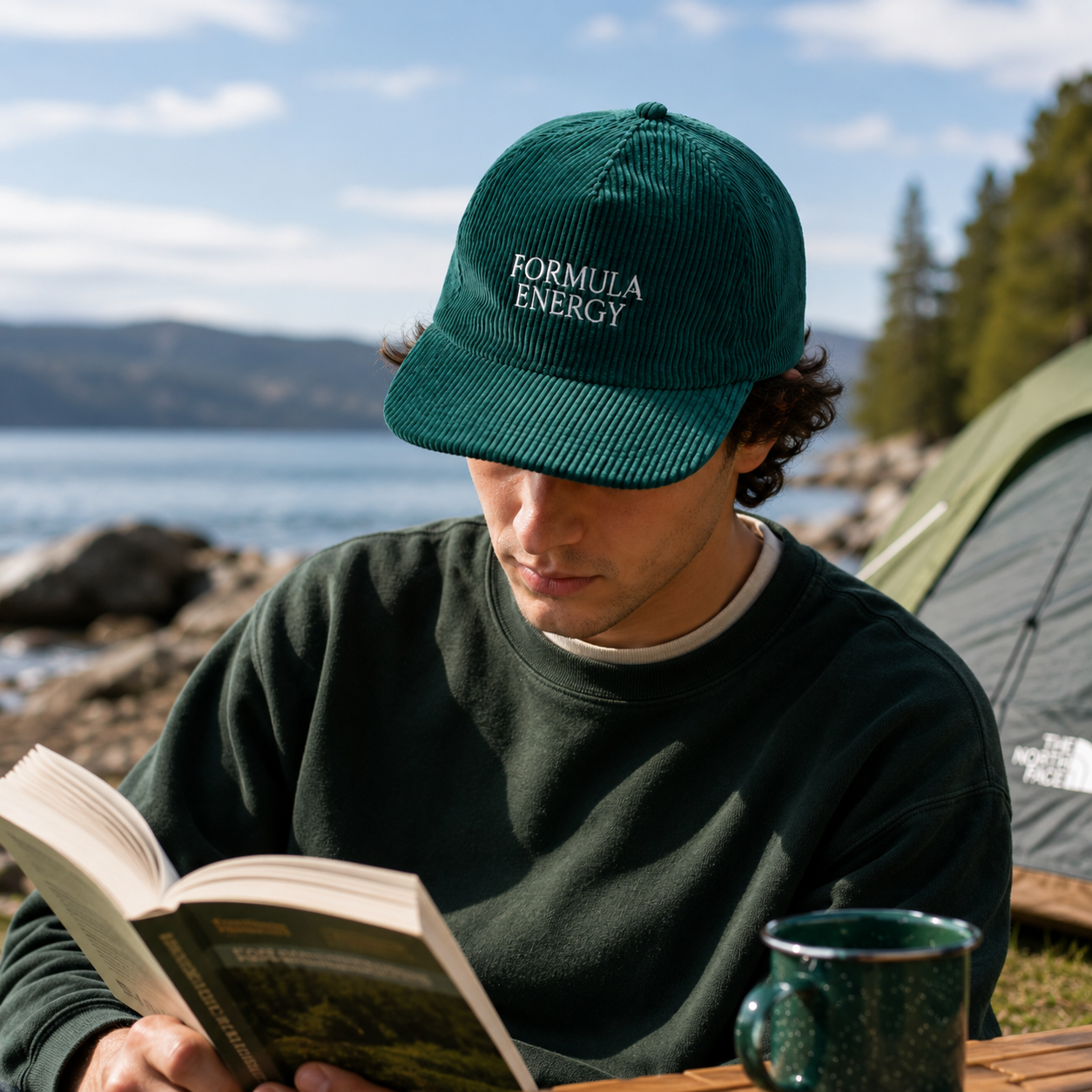 Dark Green Corduroy Five-Panel Cap with White Text Embroidery