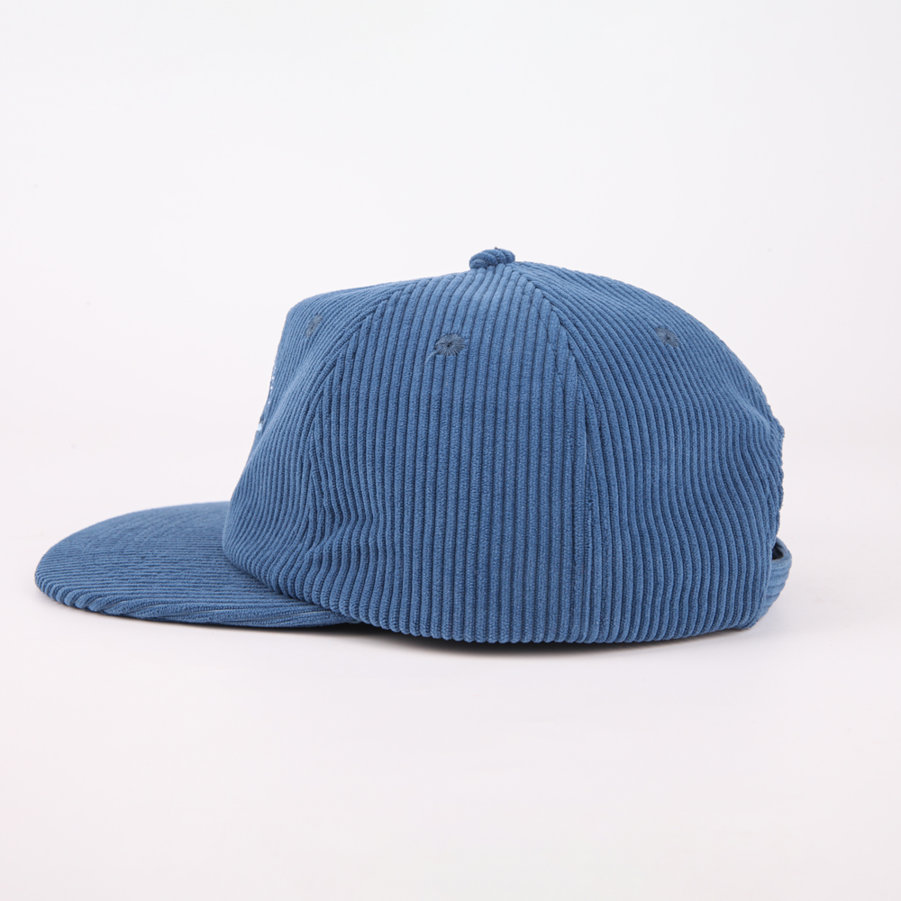Blue Corduroy Snapback Cap with Embroidered Skateboard Character Logo