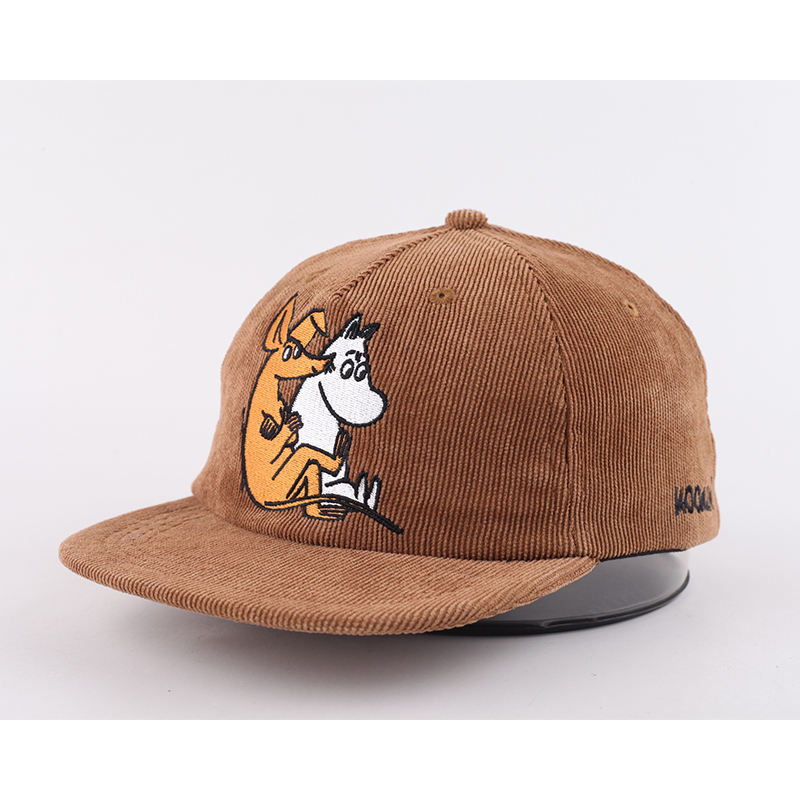 Brown Corduroy Cartoon Duo Embroidered Flat-Brim Snapback Cap