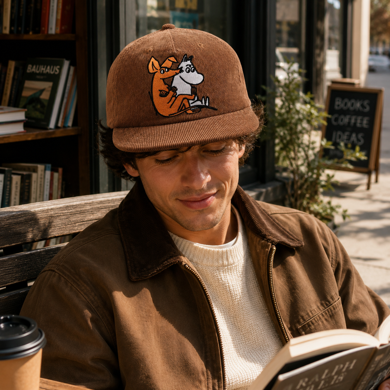Brown Corduroy Cartoon Duo Embroidered Flat-Brim Snapback Cap