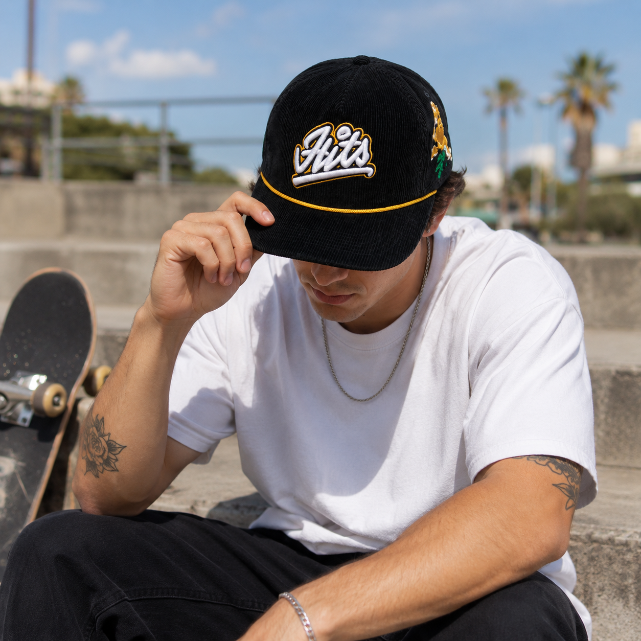 Black Corduroy Rope Trim Script Embroidered Snapback Cap