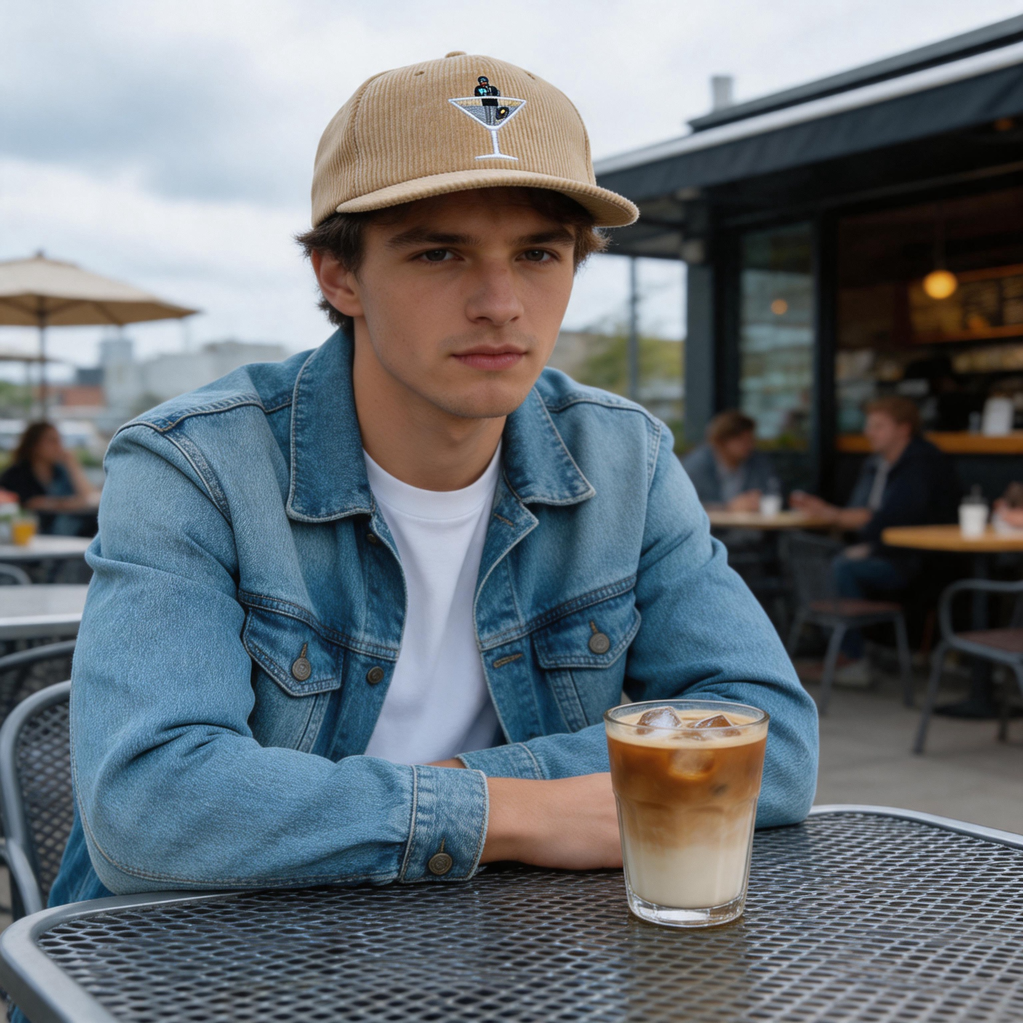 Vintage Beige Corduroy Snapback Cap with Embroidered Cocktail Logo and Flat Brim