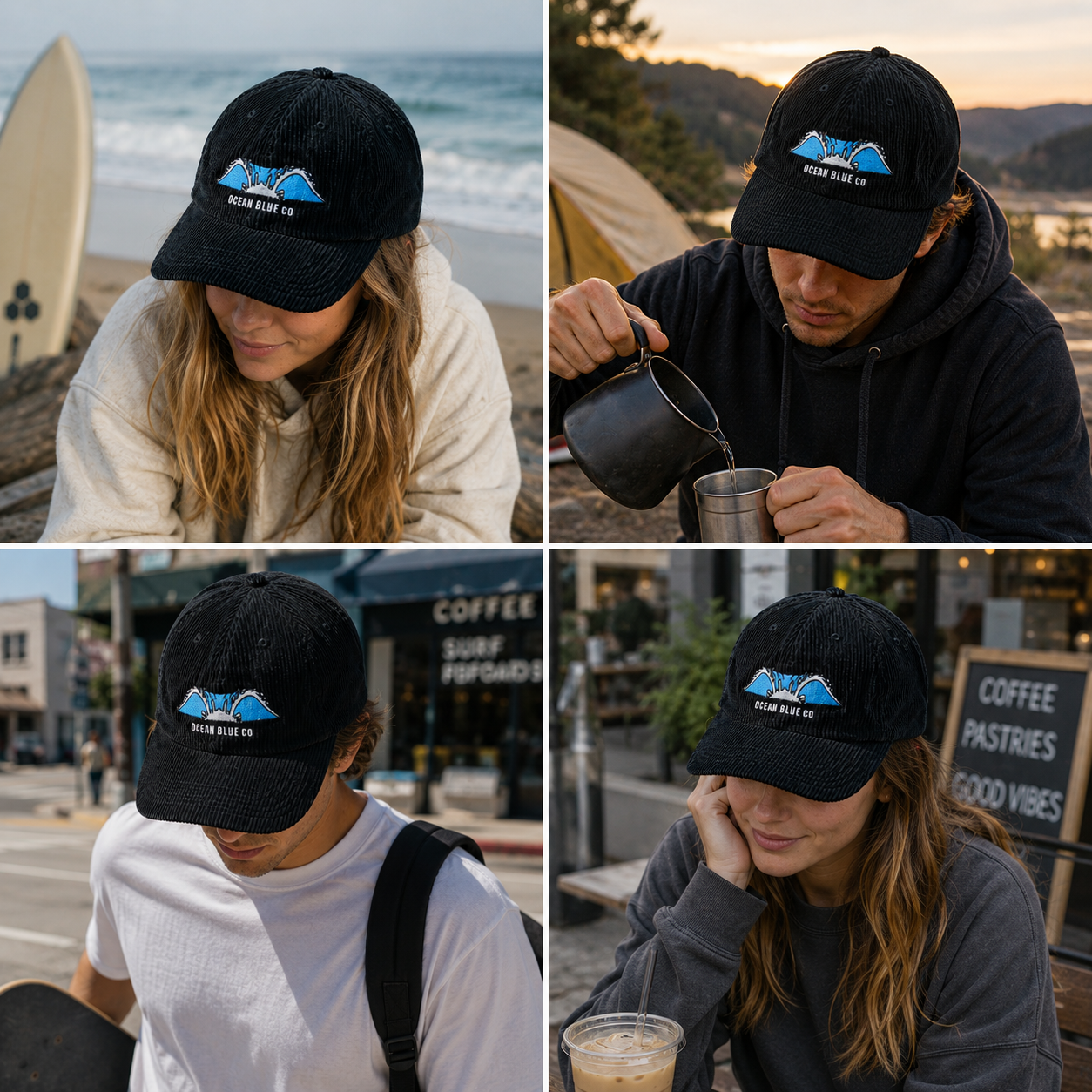 Black Corduroy Ocean Wave Embroidered Five-Panel Snapback Cap