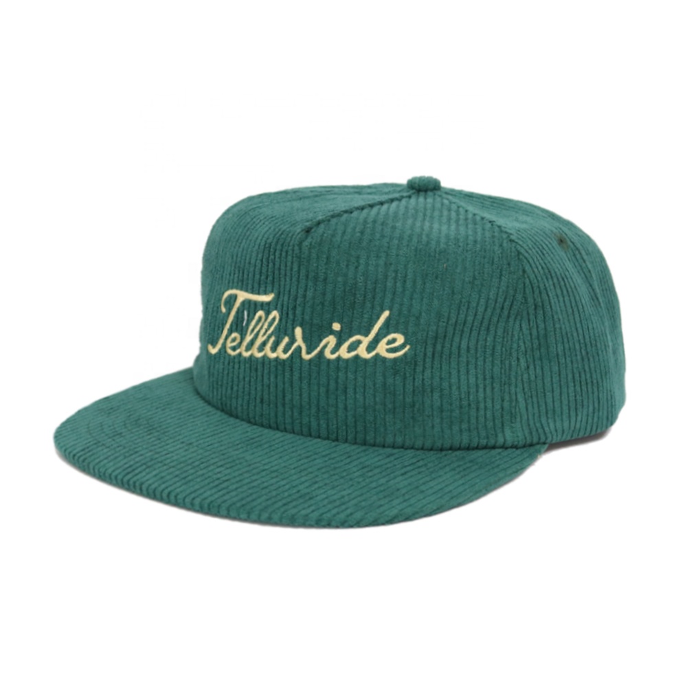 Teal Green Corduroy Flat Brim Script Embroidery Snapback Hat