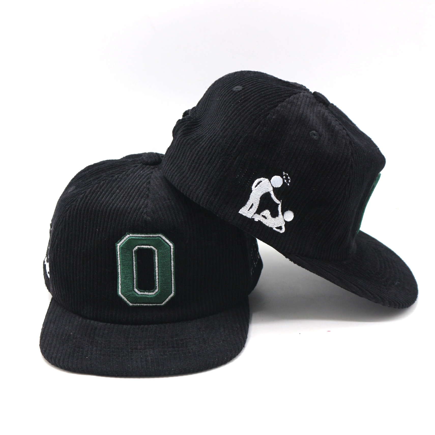 Black Corduroy Flat Brim Snapback Cap with Embroidered Front Logo