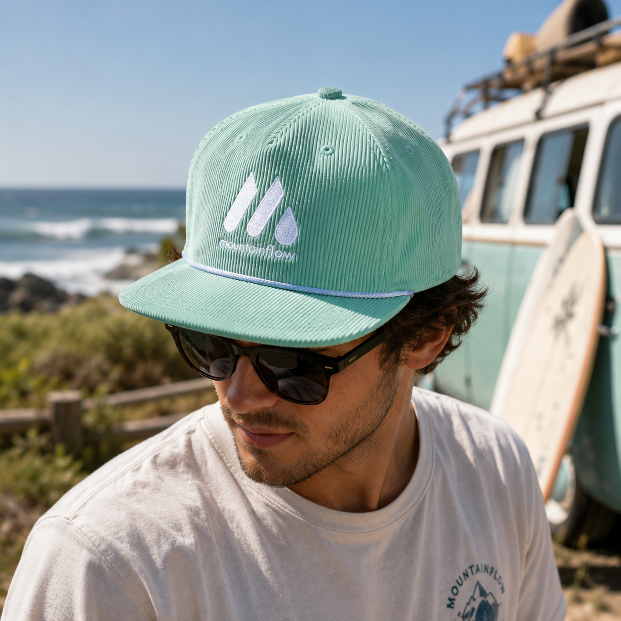 Mint Green Corduroy Five-Panel Rope Snapback Cap with White Embroidered Logo