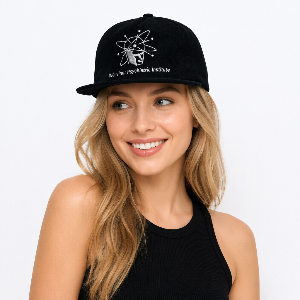 Vintage Black Corduroy Snapback Cap with Embroidered Graphic Logo, Adjustable Flat Brim Streetwear Hat