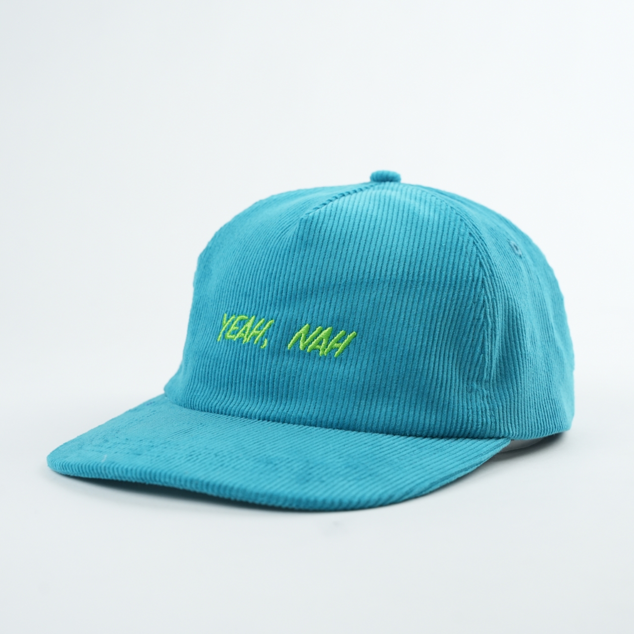 Turquoise Corduroy Five-Panel Cap with Lime Slogan Embroidery