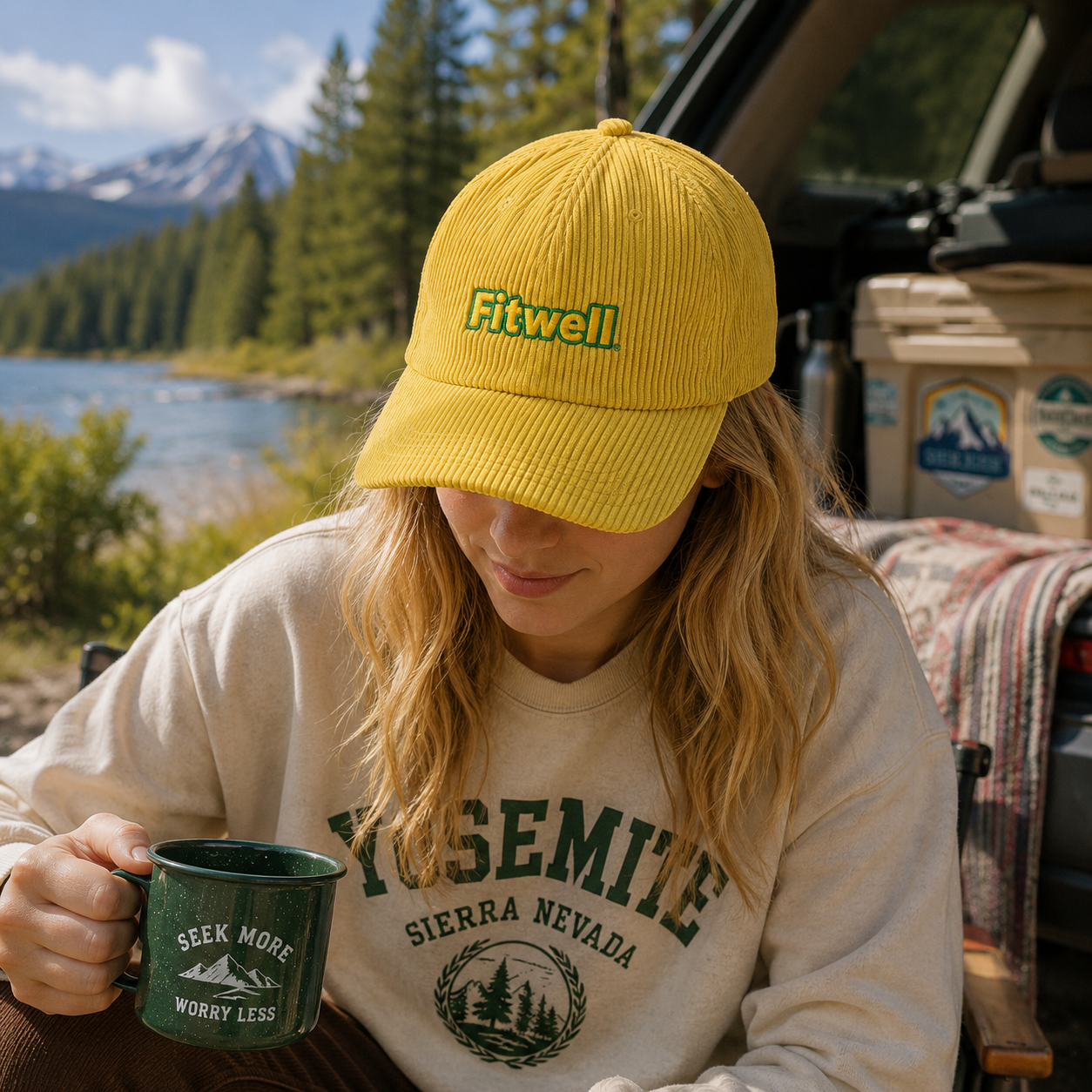 Mustard Yellow Corduroy Five-Panel Cap with Front Embroidered Lettering