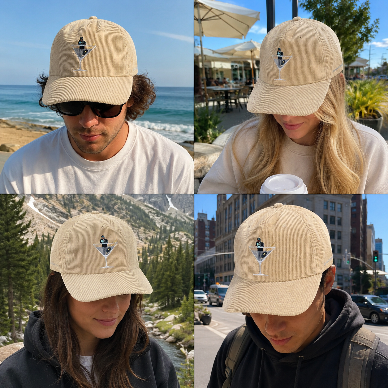 Cream Corduroy Flat Brim Snapback Cap with Martini Glass Embroidery