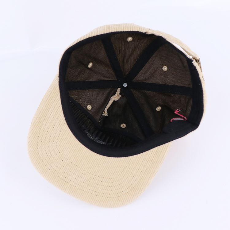 Vintage Beige Corduroy Snapback Cap with Embroidered Cocktail Logo and Flat Brim